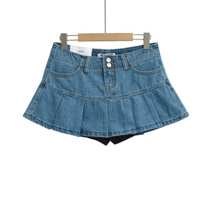 High-Waisted Leg-Lengthening Washed Vintage Two-Button Denim Pleated A-Line Mini Skirt