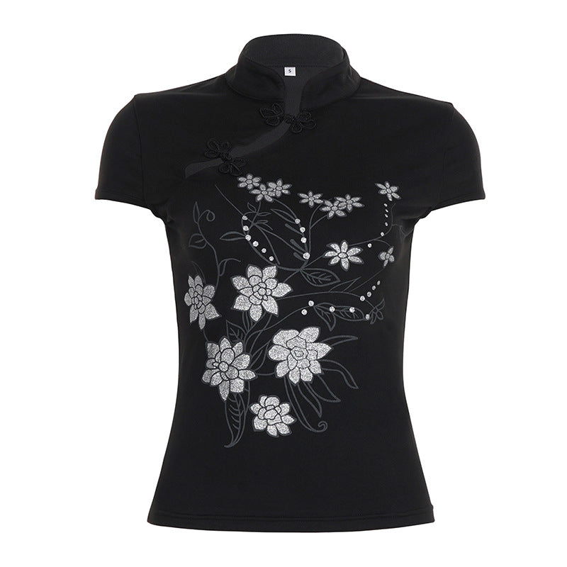Stand up collar top slim fit short sleeved T-shirt for women