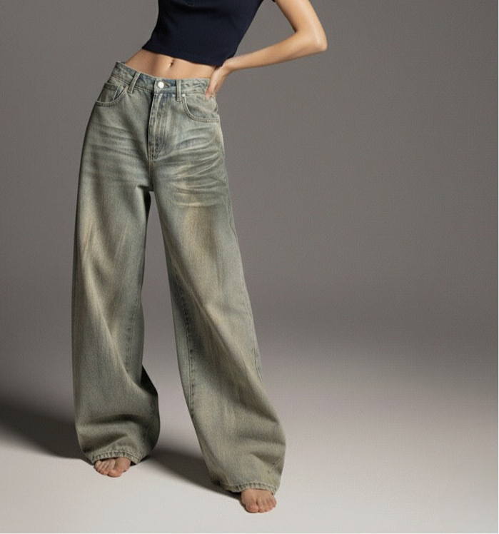 Vintage distressed dirty dyed curved knife jeans