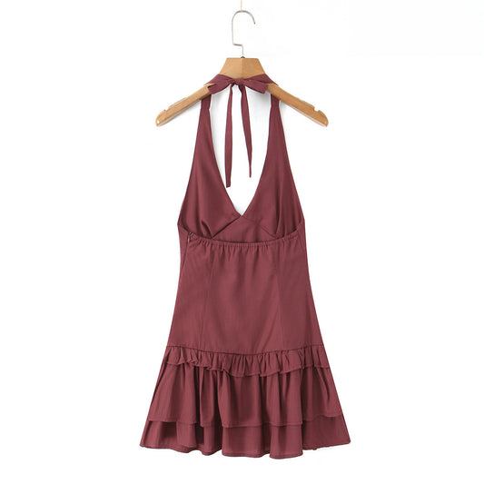 V-neck Wine Red Halter Waist-Cinched Tiered Mini Dress