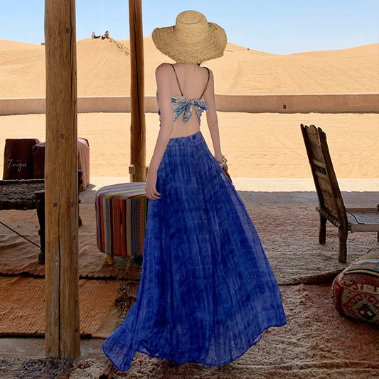 Beach Vacation Style Blue Printed Off-Shoulder Strap Top and Tie-Dye Wide-Leg Pants Two-Piece Set for Women Summer Outfit