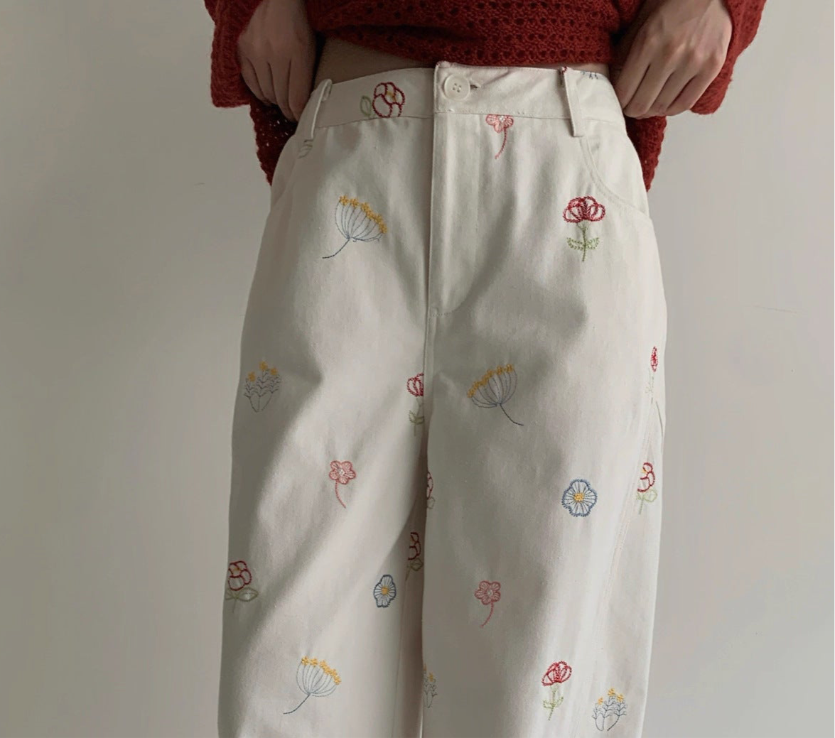 Sweet and Lovely Embroidered White Straight Loose Denim Pants for Women