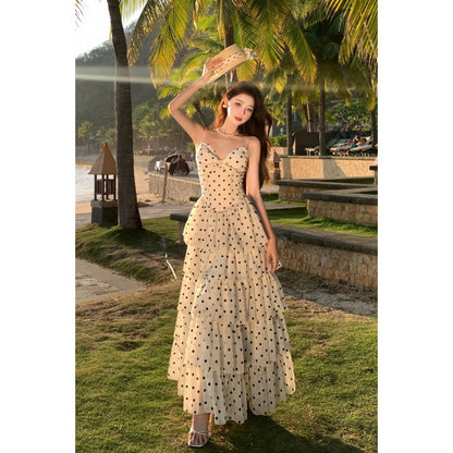 French Vacation Gentle Polka Dot Waist-Cinching Slimming Fashion Strapless Dress
