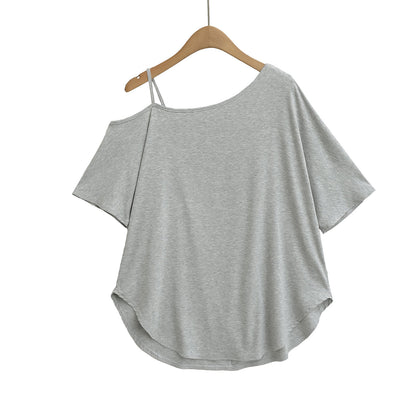 One-Shoulder Off-The-Shoulder Curved Hem Loose Short Sleeve T-Shirt