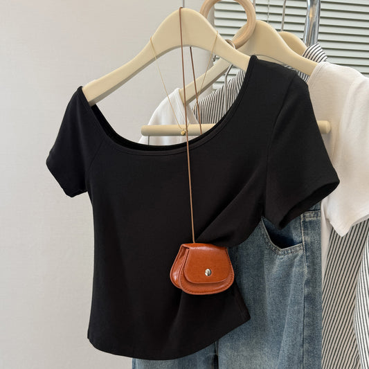 Style Solid Color Off-the-Shoulder Short Sleeve T-Shirt for Women, Slim Fit Short Length Half-Sleeve Top
