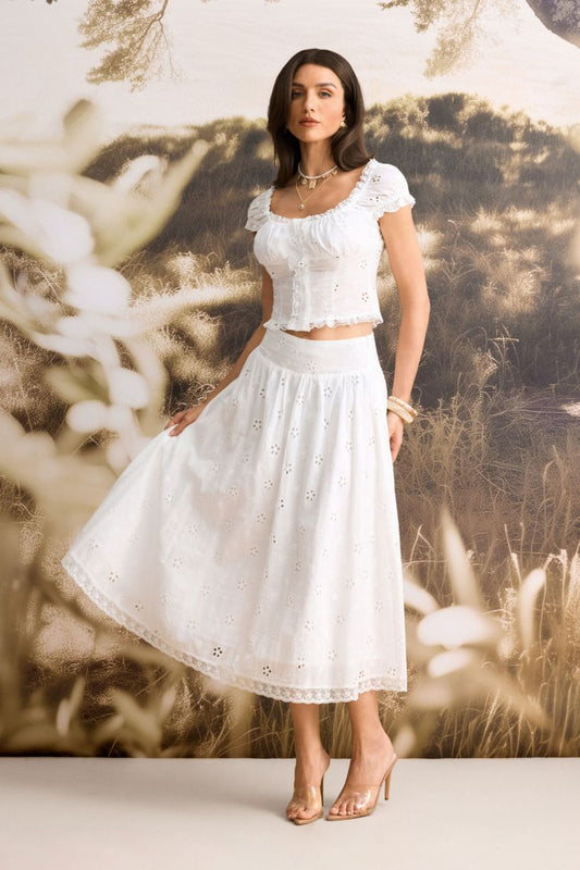 Fashion embroidered hollowed out patchwork top+skirt set for women
