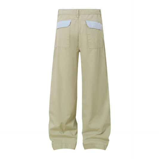 Color Block Patchwork Distressed Pocket Decorated Denim Pants Unisex Loose Wide Leg Straight Leg Pants