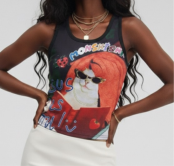 Cartoon Cat Print Tank Top Women Summer Slim Fit Versatile BF Style Undershirt Sleeveless Outerwear