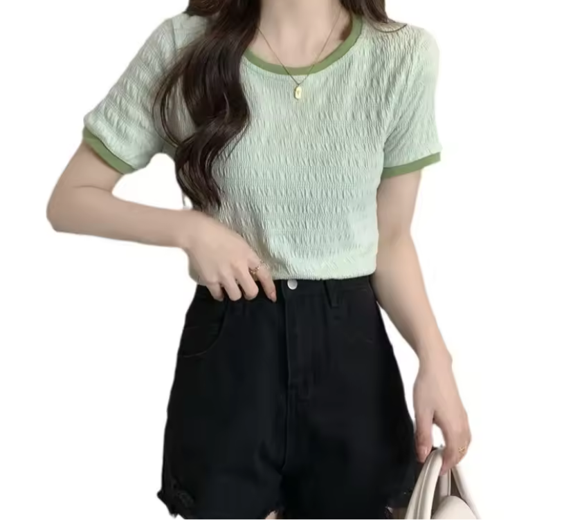 Style Short T-Shirt Women's Slim Fit Korean Version Base Layer with Wooden Edge Half Sleeve Top