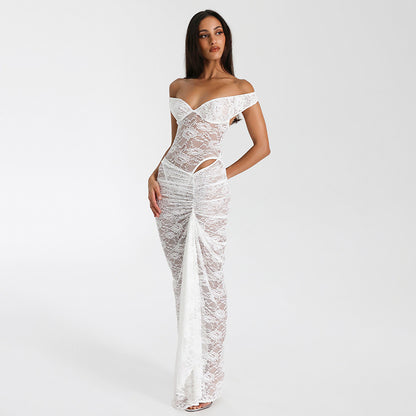 Lace dress sexy hollowed out see through jumpsuit half body long skirt two-piece set