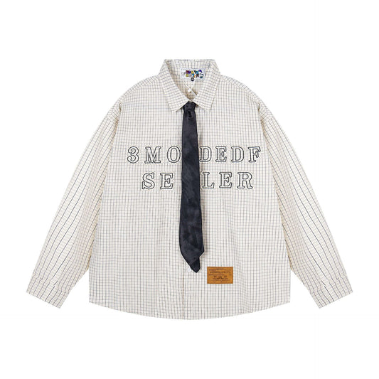 Letter Embroidery Striped Collar Long Sleeve Shirt Men's  College Style Couple Loose Casual Shirt