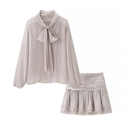 Cross-border European and American Women's Fashion Long Sleeve Shirt Foldable Mini High Waist Short Skirt Set