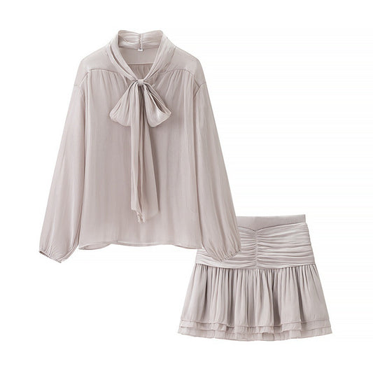 Cross-border European and American Women's Fashion Long Sleeve Shirt Foldable Mini High Waist Short Skirt Set