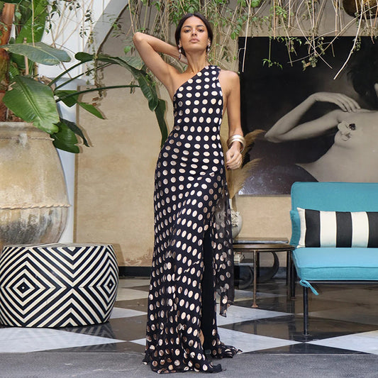Polka Dot Long Dress - Slim Fit Backless Halter Neckline