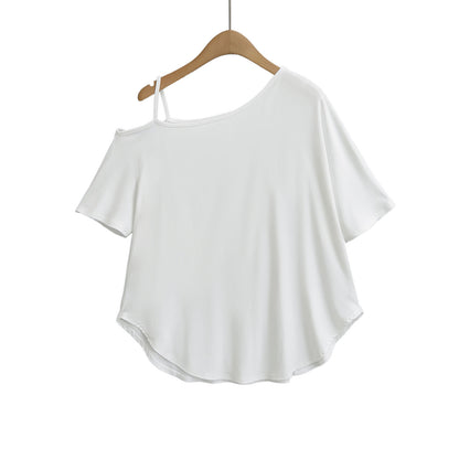 One-Shoulder Off-The-Shoulder Curved Hem Loose Short Sleeve T-Shirt