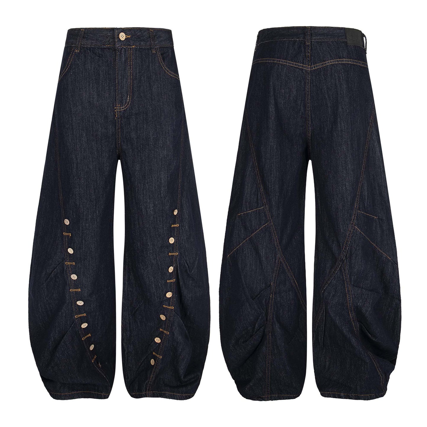 High Street  Pleated Button Decorated Flared Denim Pants Unisex Loose Wide Leg Straight Long Trousers