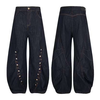 High Street  Pleated Button Decorated Flared Denim Pants Unisex Loose Wide Leg Straight Long Trousers