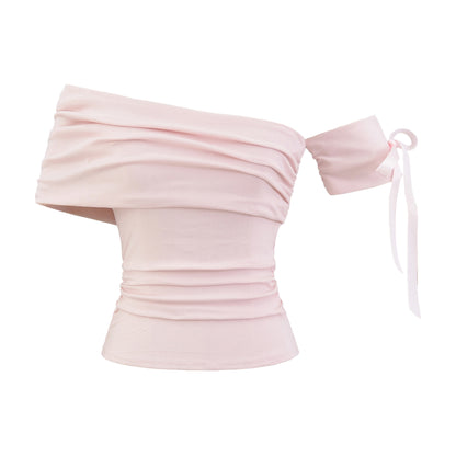 Strap turned one collar slanted shoulder short sleeved slim fit T-shirt