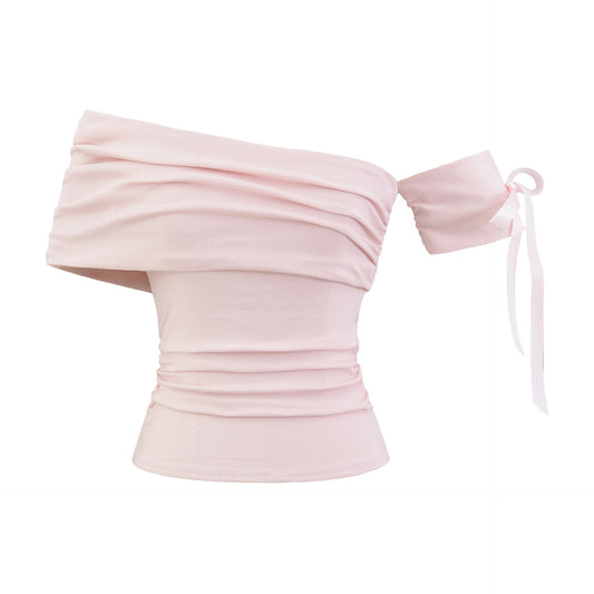 Strap turned one collar slanted shoulder short sleeved slim fit T-shirt