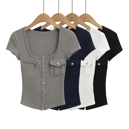 Short sleeved top U-neck slim fit T-shirt