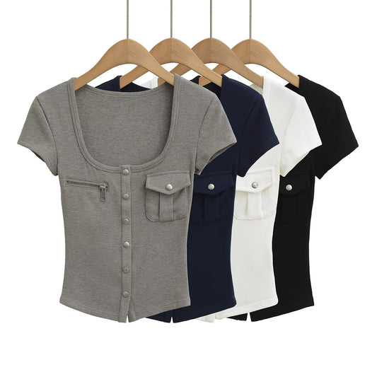 Short sleeved top U-neck slim fit T-shirt