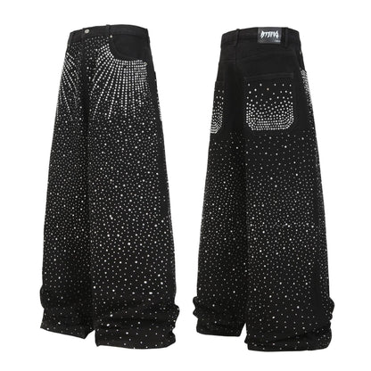 Street Style High-Quality Washed Beaded Loose Denim Long Pants