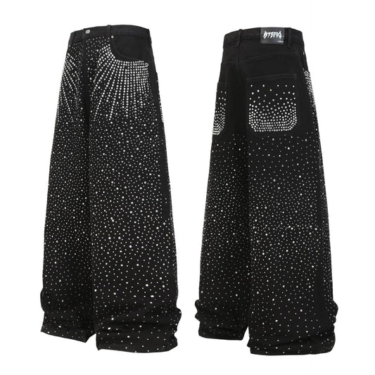Street Style High-Quality Washed Beaded Loose Denim Long Pants