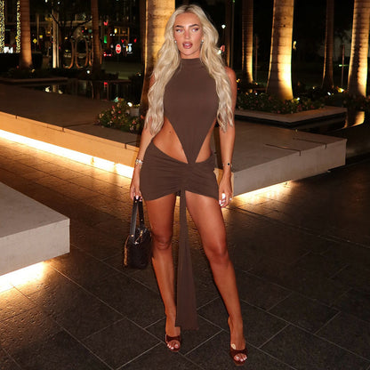 Round neck sleeveless backless irregular hollow out hip hugging short skirt dress