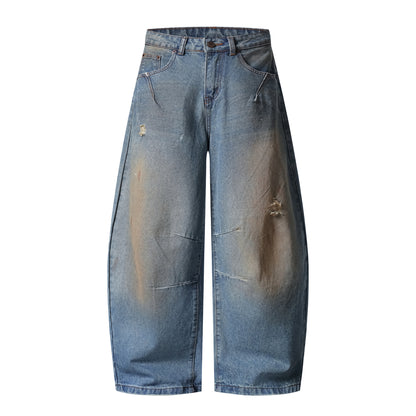 Washed Distressed Design Tapered Jeans for Women, Loose Fit Casual Wide-Leg Pants