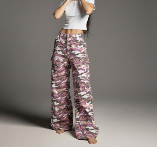 High Street  Style Color Block Multi-Pocket Camouflage Denim Work Pants Unisex Loose Wide Leg Straight Leg Long Pants