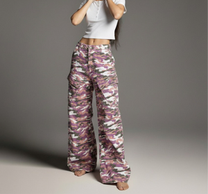 High Street  Style Color Block Multi-Pocket Camouflage Denim Work Pants Unisex Loose Wide Leg Straight Leg Long Pants