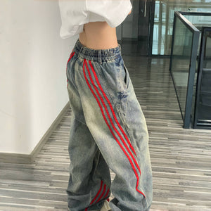 Side striped contrasting splicing for vintage denim straight leg wide leg pants