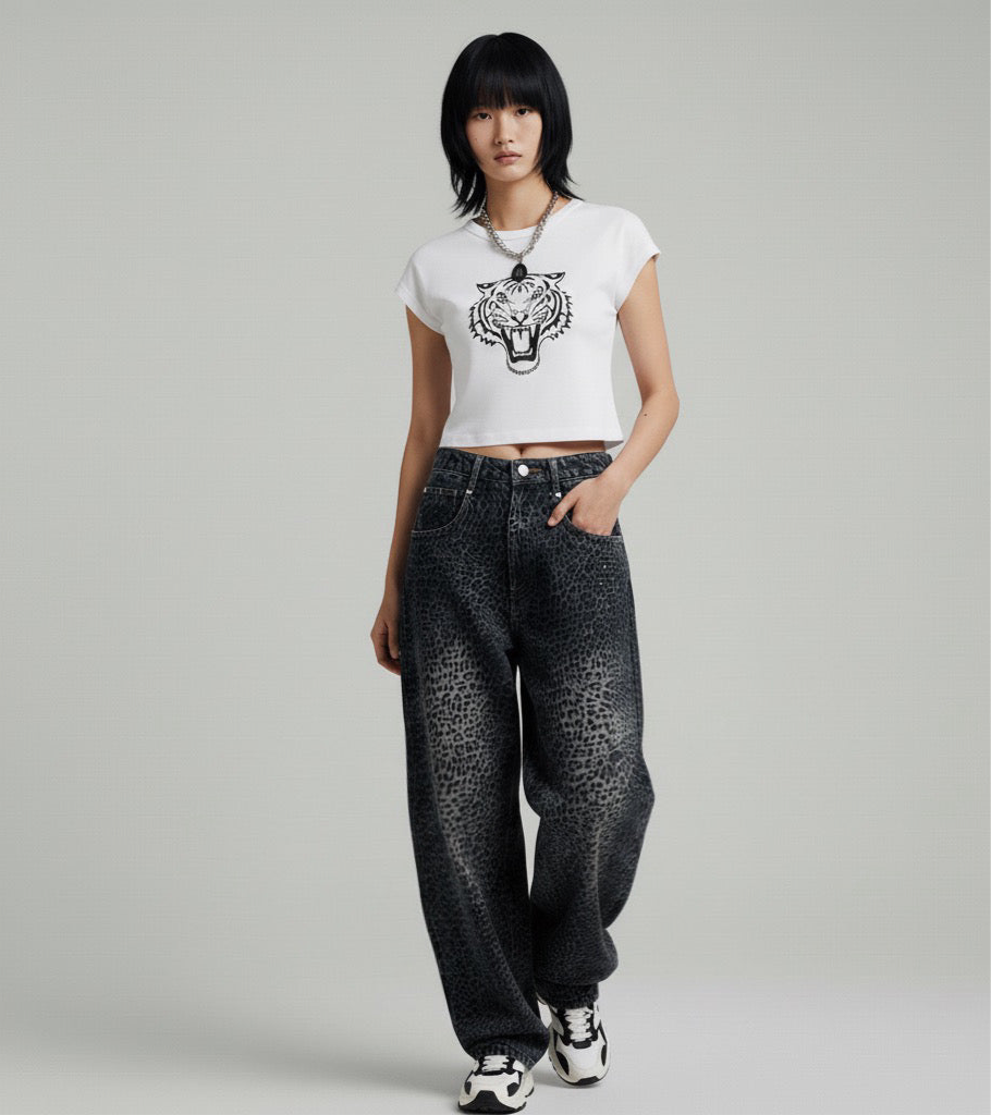 Leopard print jeans men's and women's loose casual pants