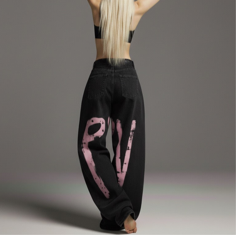 Street Style Printed Tapered Denim Long Pants