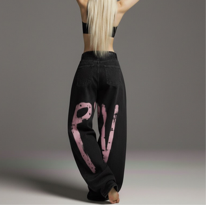 Street Style Printed Tapered Denim Long Pants