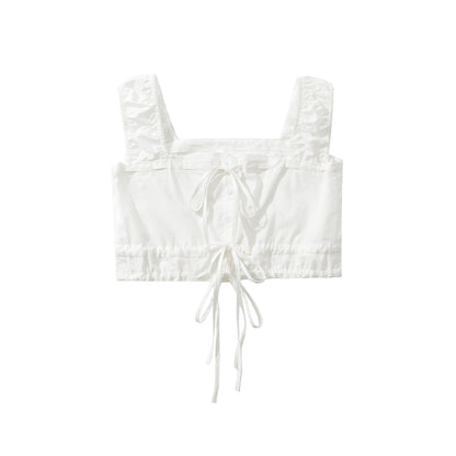 Women's Clothing Lace Trim Bow Drawstring Top + Short Skirt Pants