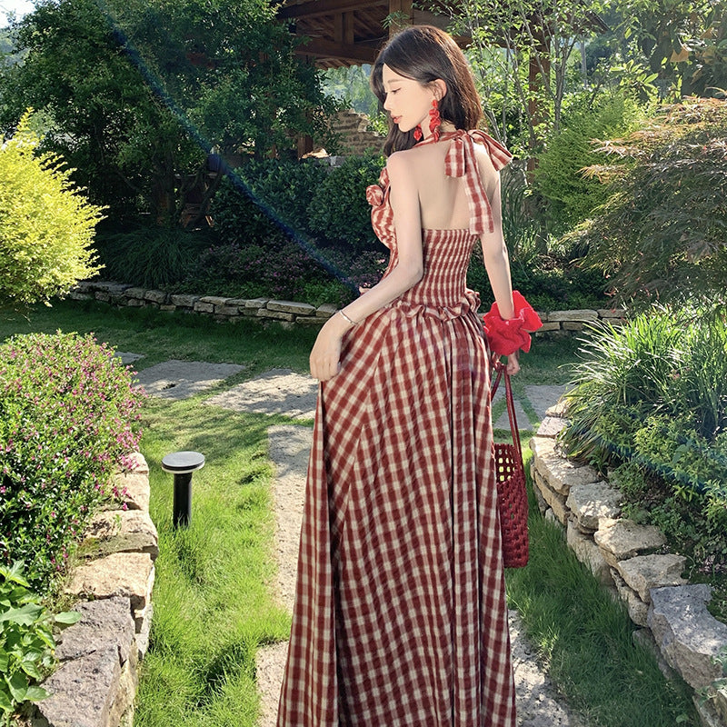 Plaid Vacation Handmade Flower Tie Strapless Dress for Women Spring Summer