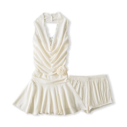 Swing collar lace two-piece waist cinching floral short dress