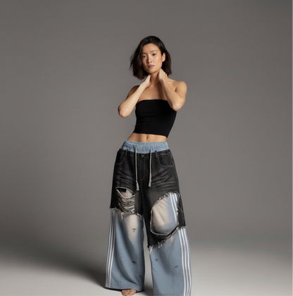 Retro ripped contrasting color patchwork casual pants