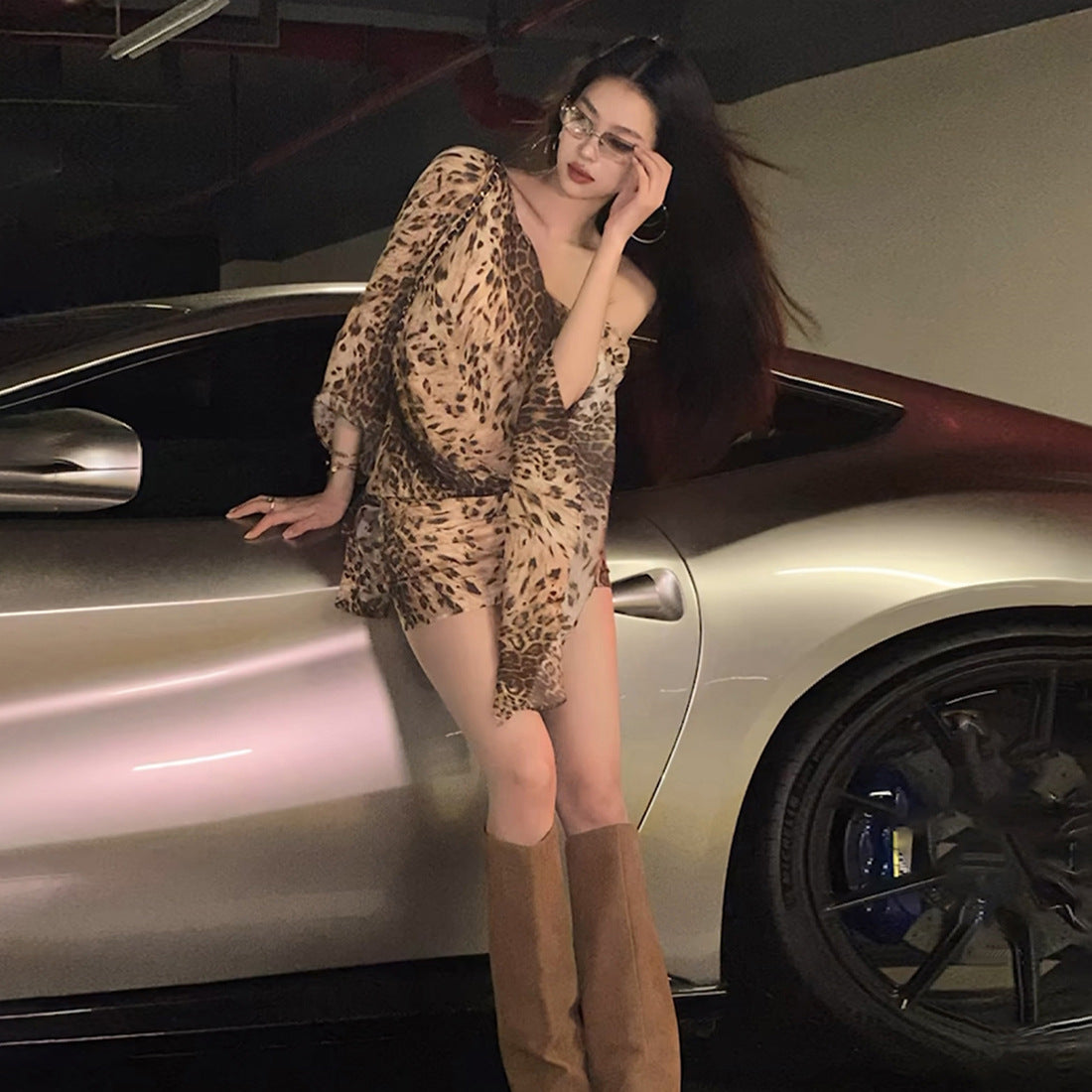 Leopard print sexy slanted shoulder single shoulder trumpet long sleeved slim fit spicy girl dress for women