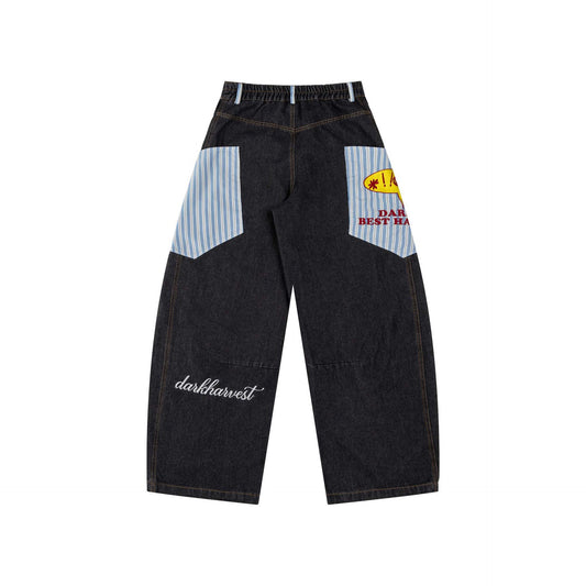 Color Block Letter Embroidery Multi-Pocket Flare Denim Work Pants Loose Wide Leg Long Trousers for Men and Women