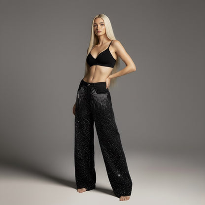Street Style High-Quality Washed Beaded Loose Denim Long Pants