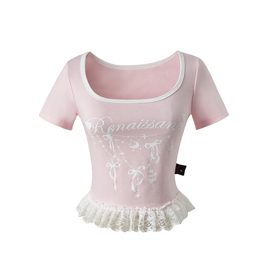 Splicing Square Neck Short Sleeve T-Shirt Women Summer Slim Fit Shoulder Short Top