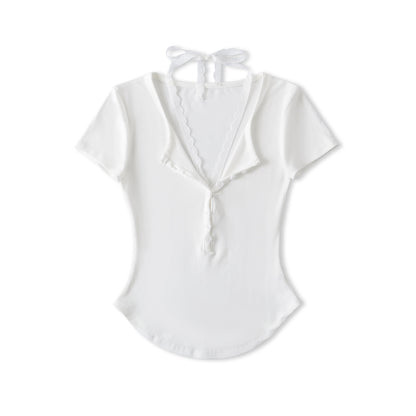 Slim fit V-neck lace short sleeved T-shirt