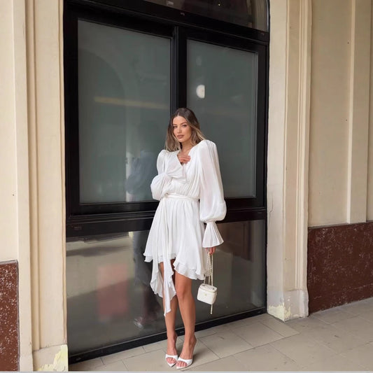 Women's V-neck Flare Sleeve Waist-tied Belted Dress