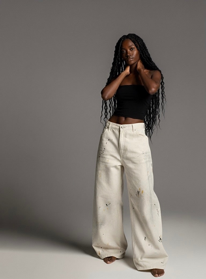 Street Style Washed Print Tapered Denim Long Pants