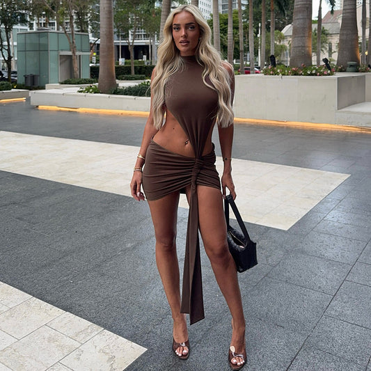 Round neck sleeveless backless irregular hollow out hip hugging short skirt dress