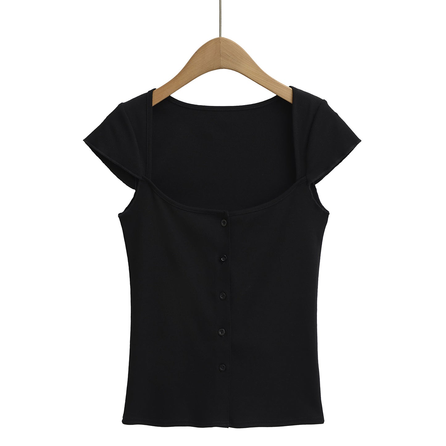 Square Neck Button Short Sleeve Fitted T-Shirt