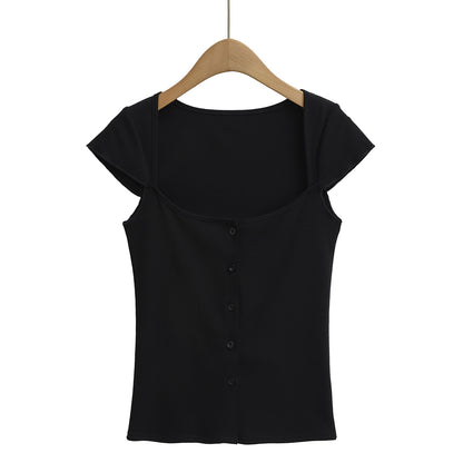 Square Neck Button Short Sleeve Fitted T-Shirt