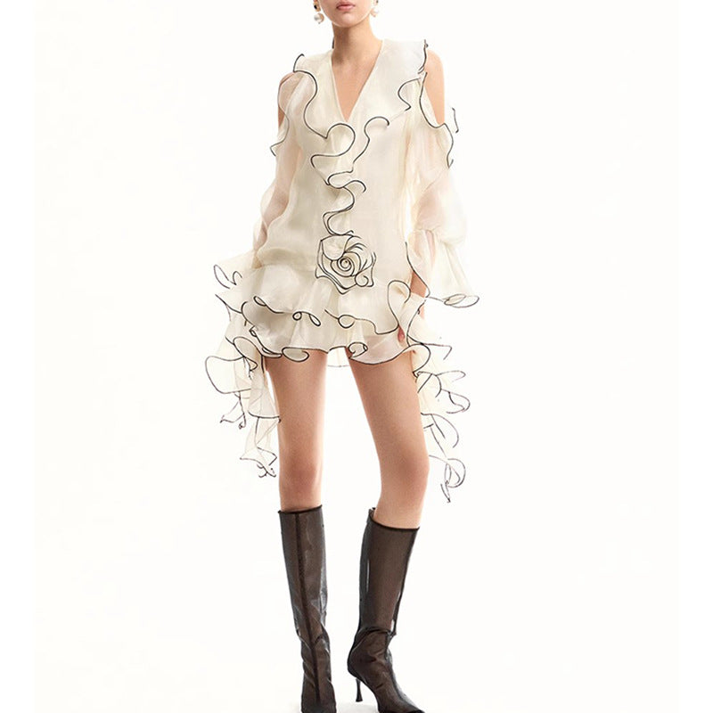 Vacation Style Elegant Embroidered White Dress Women Summer Ruffle Long Sleeve Off Shoulder Mini Dress